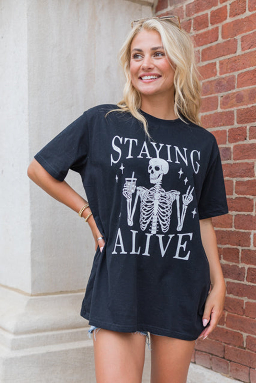 Black STAYING ALIVE Funny Skeleton Print Round Neck T Shirt - Aaria Tees Aaria Tees