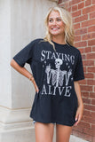 Black STAYING ALIVE Funny Skeleton Print Round Neck T Shirt - Aaria Tees Aaria Tees