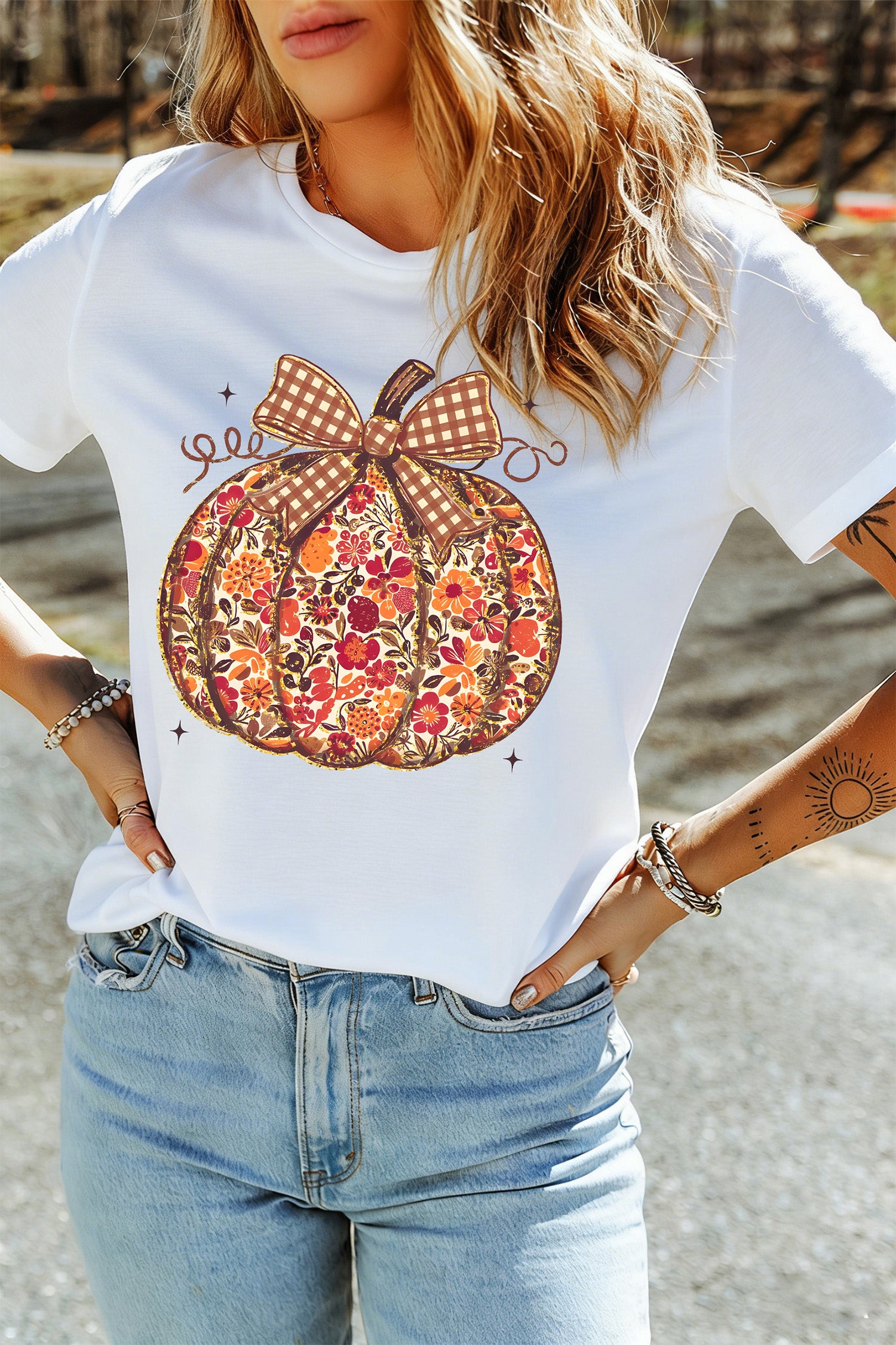 White Floral Pumpkin Print Round Neck Short Sleeve T-Shirt - Aaria Tees Aaria Tees