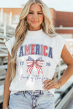 White Patriotic Slogan America Flag Print Mock Neck Tee Aaria Tees