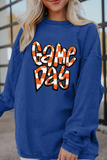 Dark Blue Chenille Checkered Game Day Graphic Drop Shoulder Corded Sweatshirt - Aaria Tees Aaria Tees