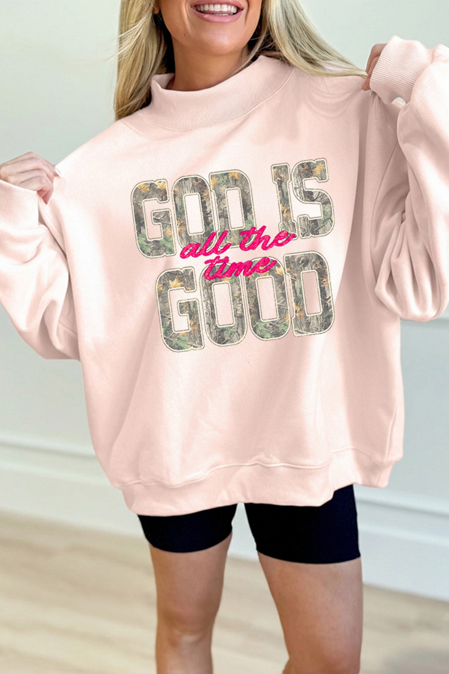 Apricot Pink Camo Print Letter Graphic Mock Neck Sweatshirt - Aaria Tees Aaria Tees