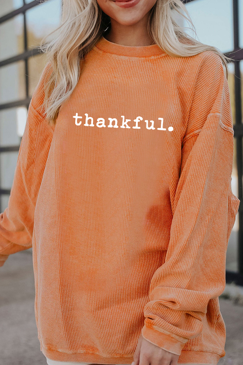 Orange Thankful Ribbed Crew Neck Thanksgiving Sweatshirt - Aaria Tees Aaria Tees