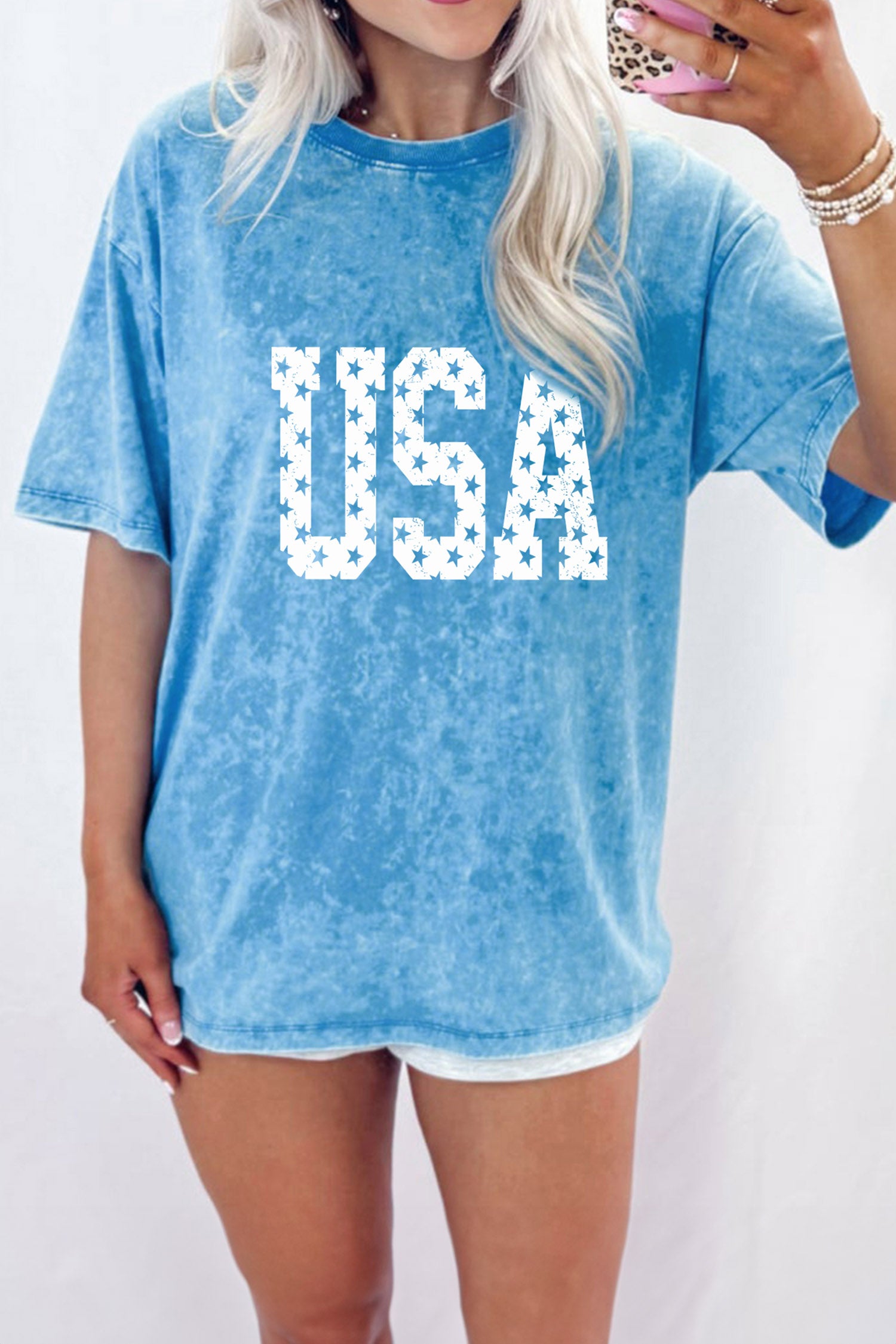 Blue USA Star Print Mineral Washed Cotton Tee - Aaria Tees Aaria Tees
