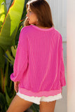 Strawberry Pink Twisted Ribbed Long Sleeve XOXO Bow Print Embroidered Patch Graphic Top - Aaria Tees Aaria Tees