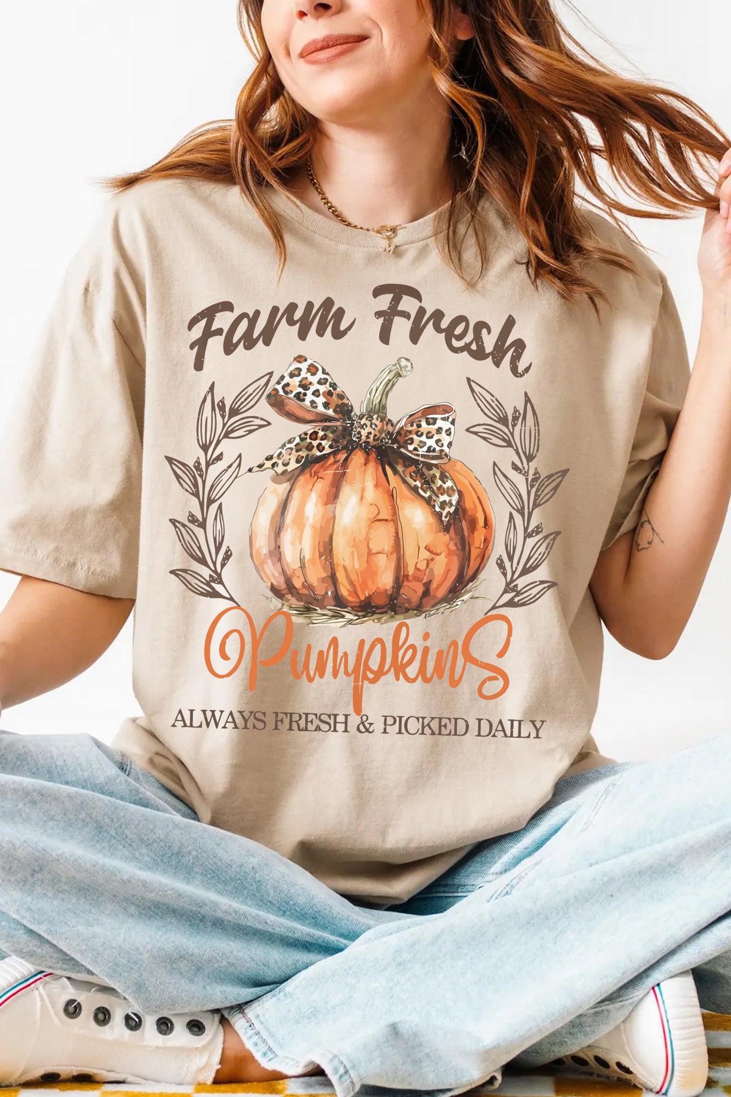 Khaki Farm Fresh Pumpkin Slogan Fall Thanksgiving Graphic Tee - Aaria Tees Aaria Tees