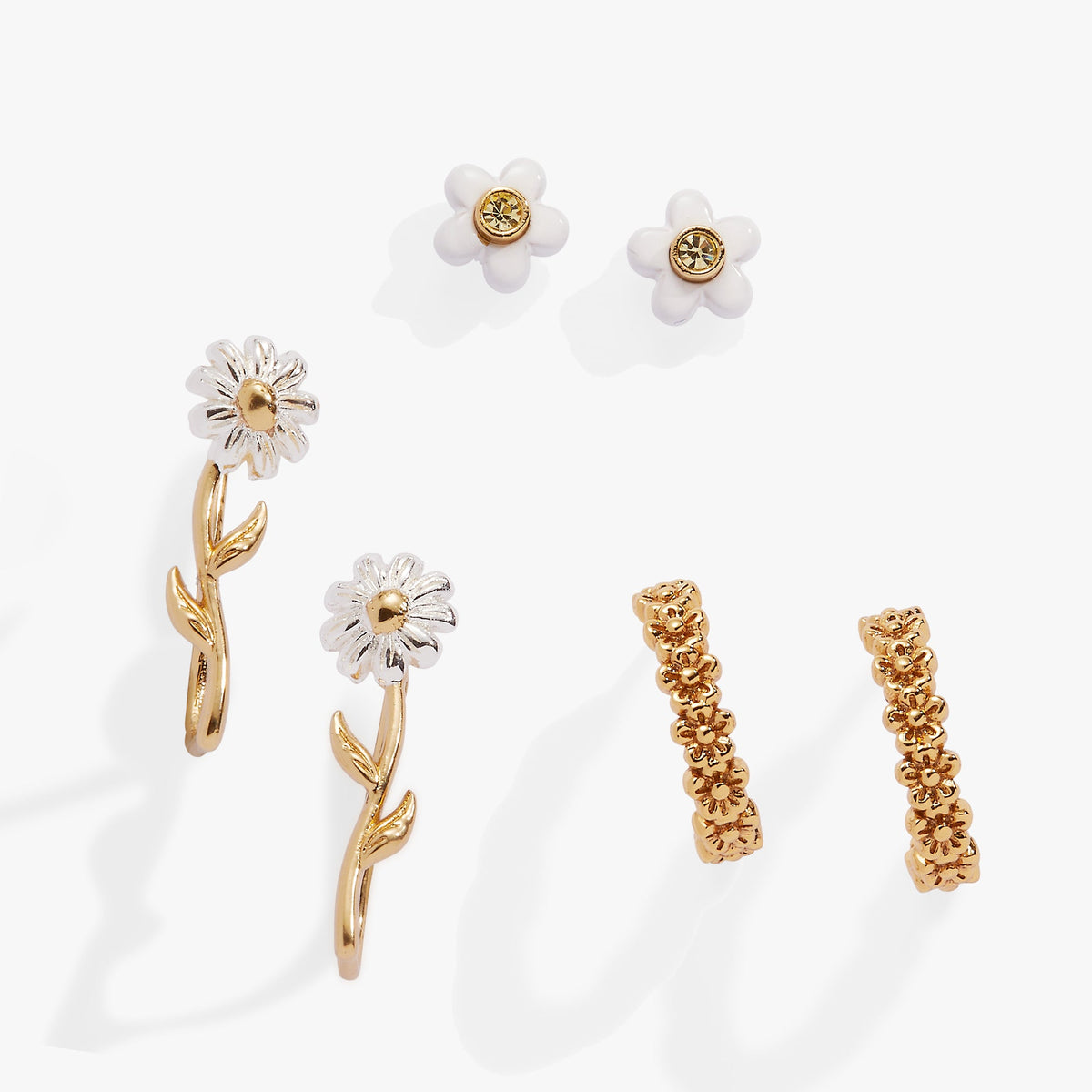 Daisy Flower Stud and Huggie Hoop Earring Set of 3 - Aaria Tees