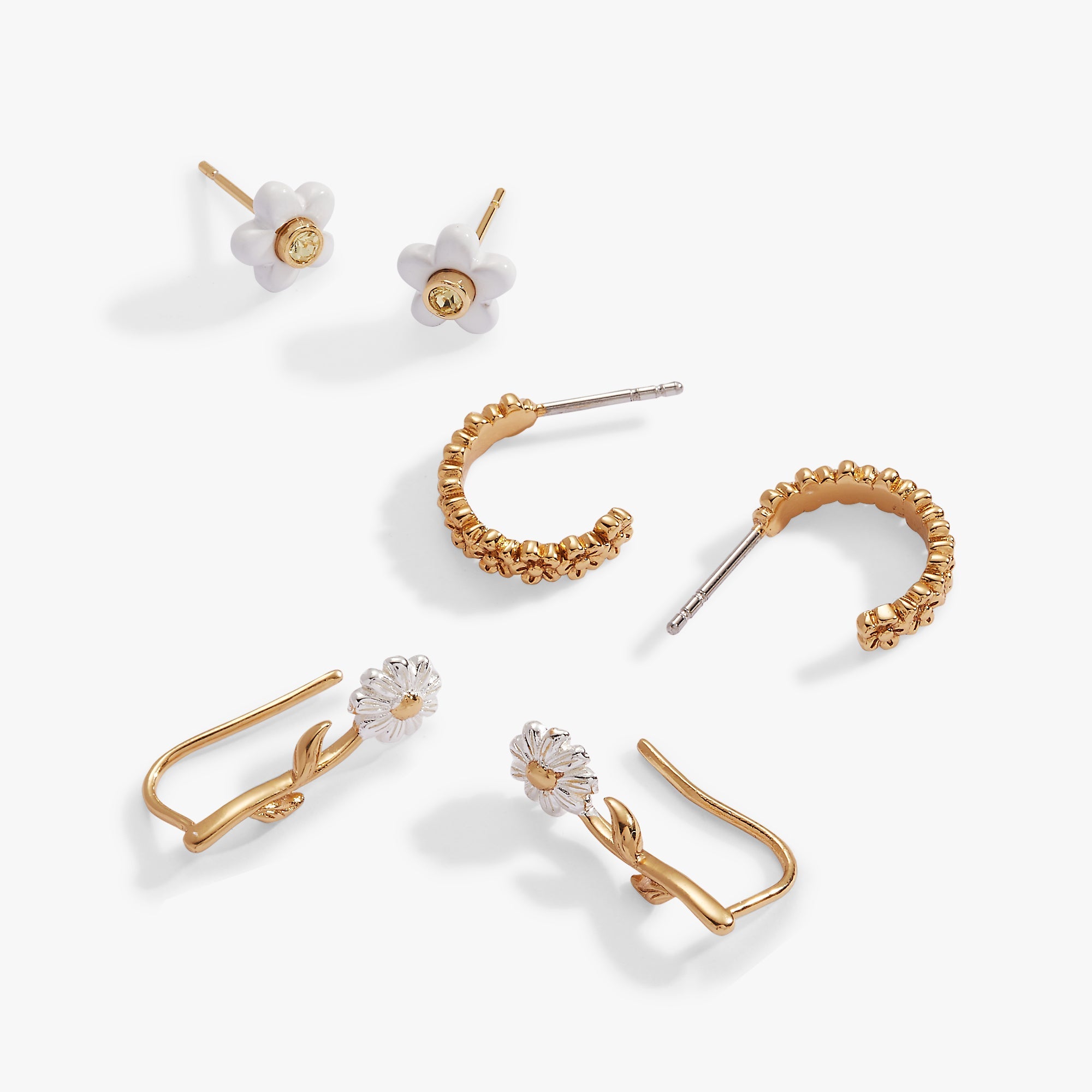 Daisy Flower Stud and Huggie Hoop Earring Set of 3 - Aaria Tees Aaria Tees