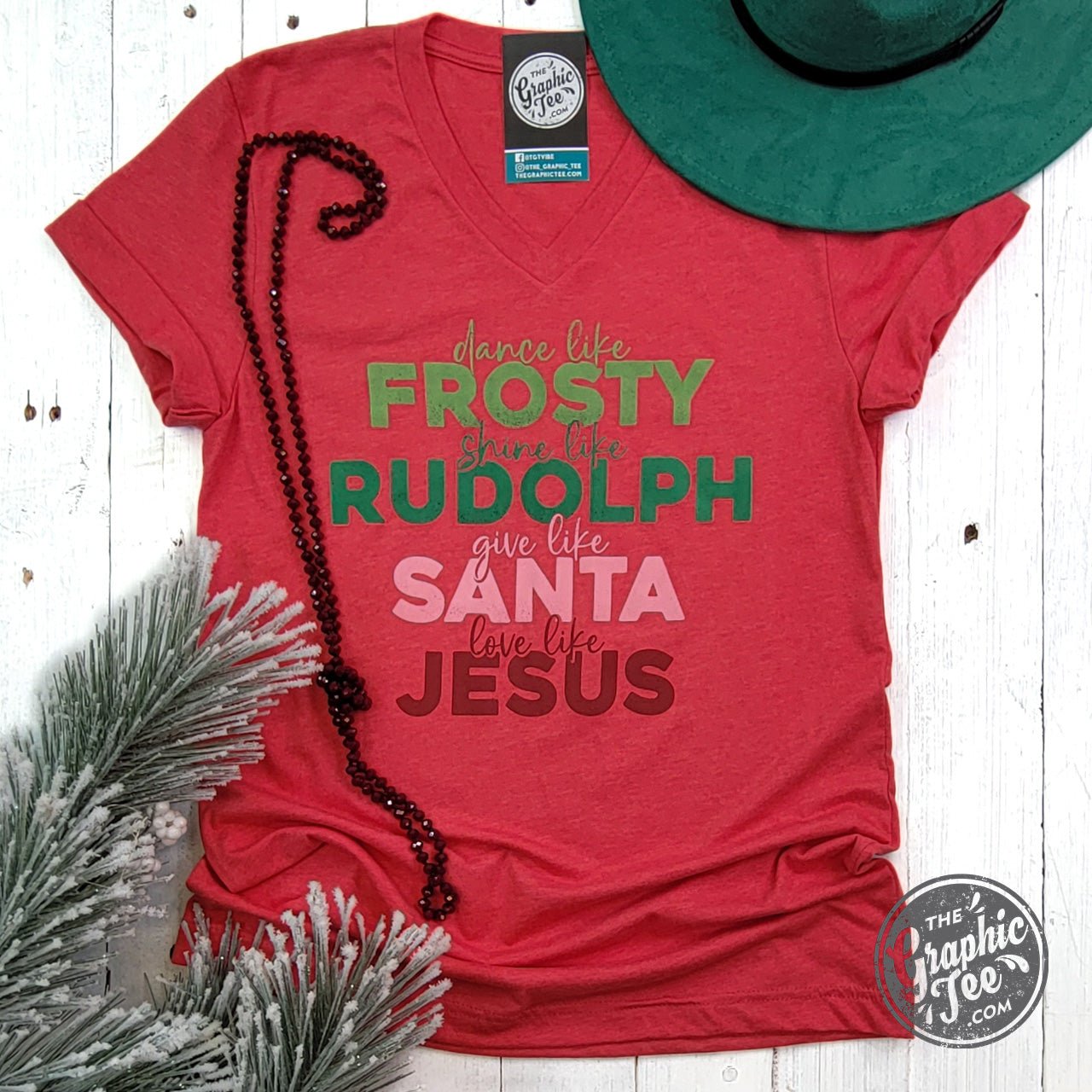 Dance Like Frosty Love Like Jesus Heather Red Short Sleeve V Neck Tee - Aaria Tees Aaria Tees
