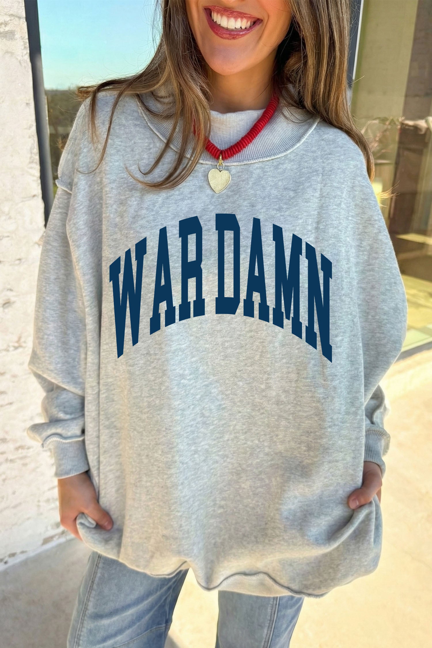 Light Grey WAR DAMN/ EAGLES Double Side Print High Neck Baggy Sweatshirt - Aaria Tees Aaria Tees