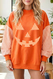 Russet Orange Plaid Sleeve Halloween Pumpkin Face Graphic Sweatshirt Aaria Tees