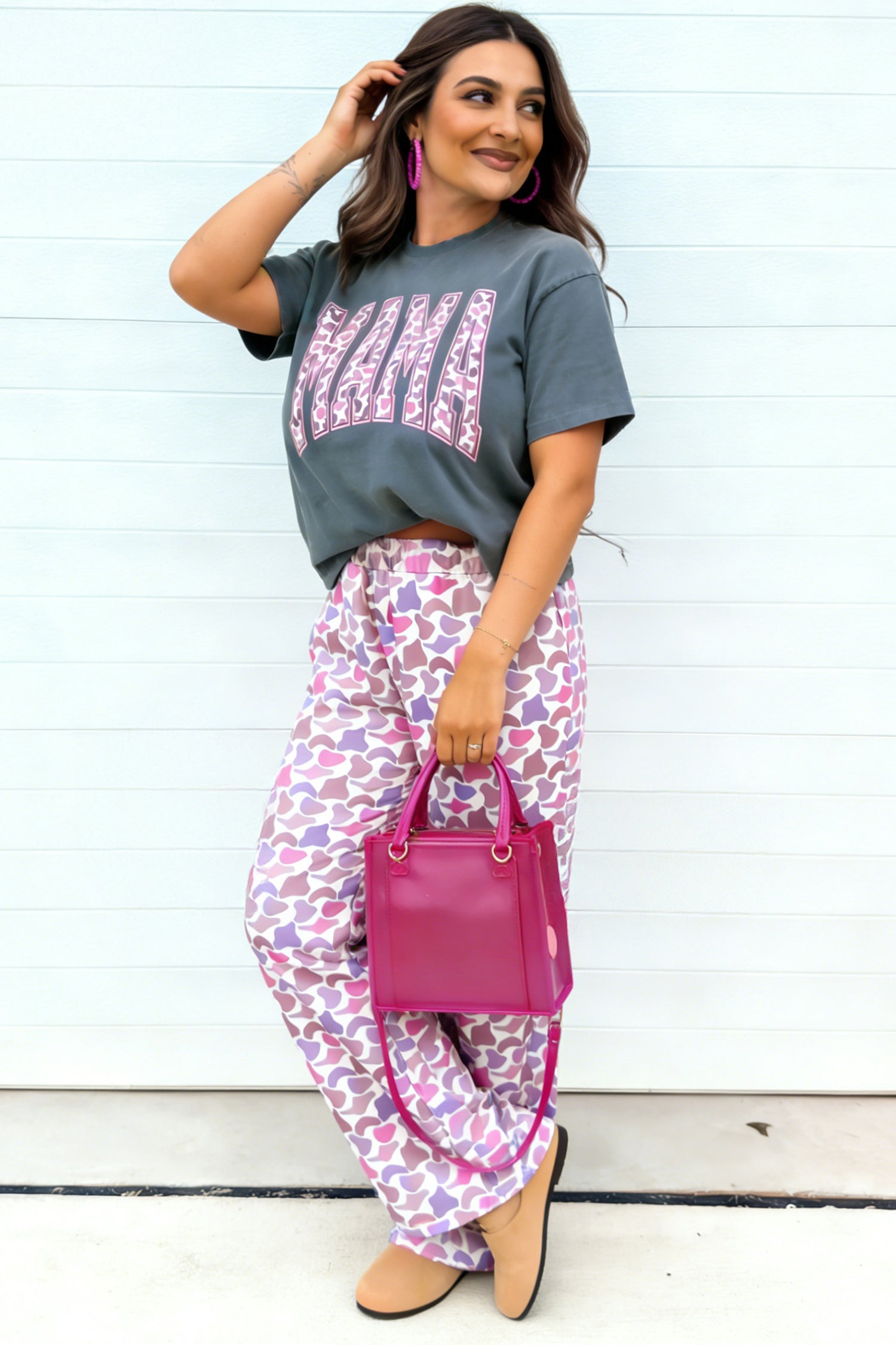 Medium Grey MAMA Letter Graphic Tee Camouflage Print Loose Pant Set - Aaria Tees Aaria Tees