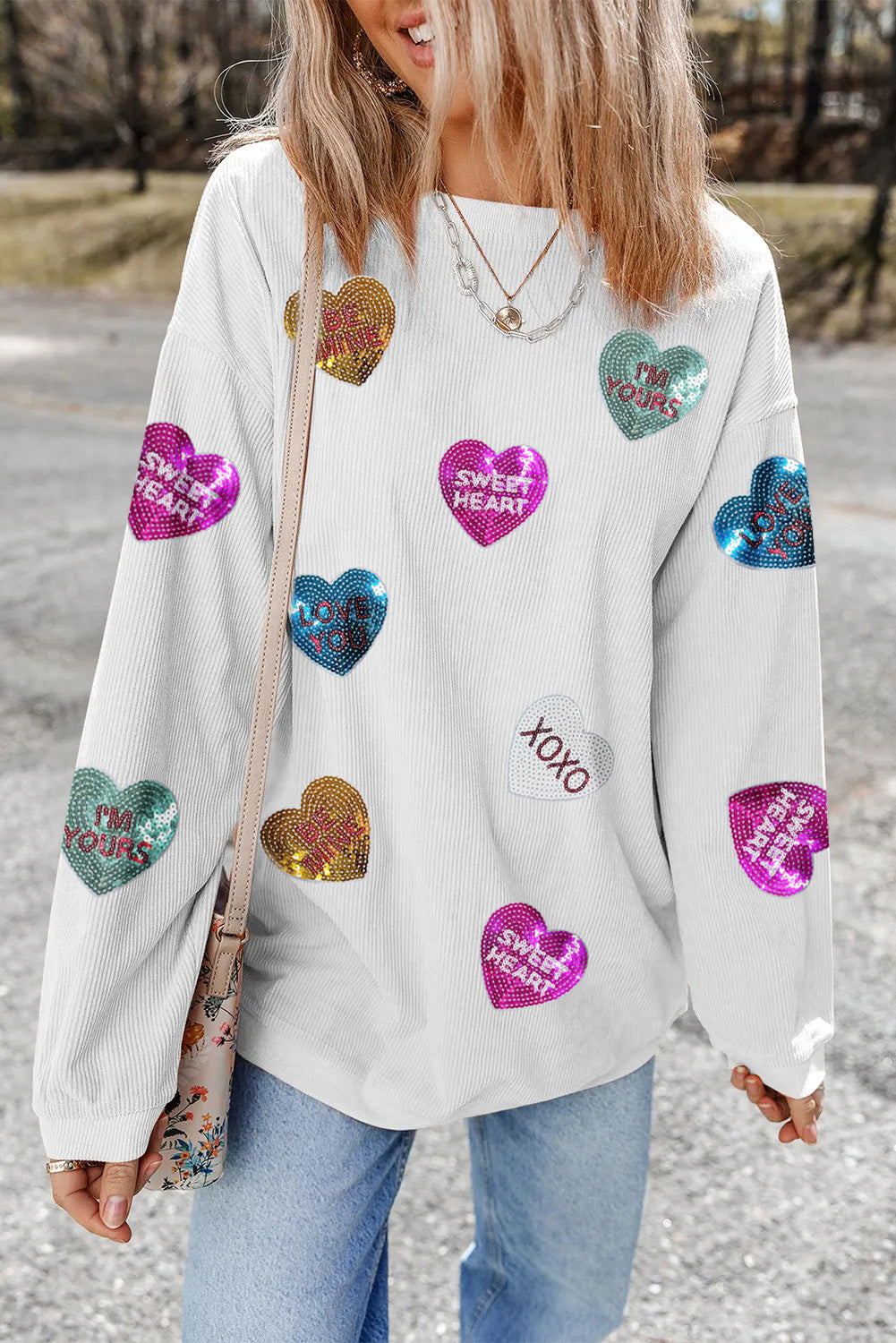 White Valentines Slogan Heart Sequin Corded Baggy Sweatshirt - Aaria Tees Aaria Tees
