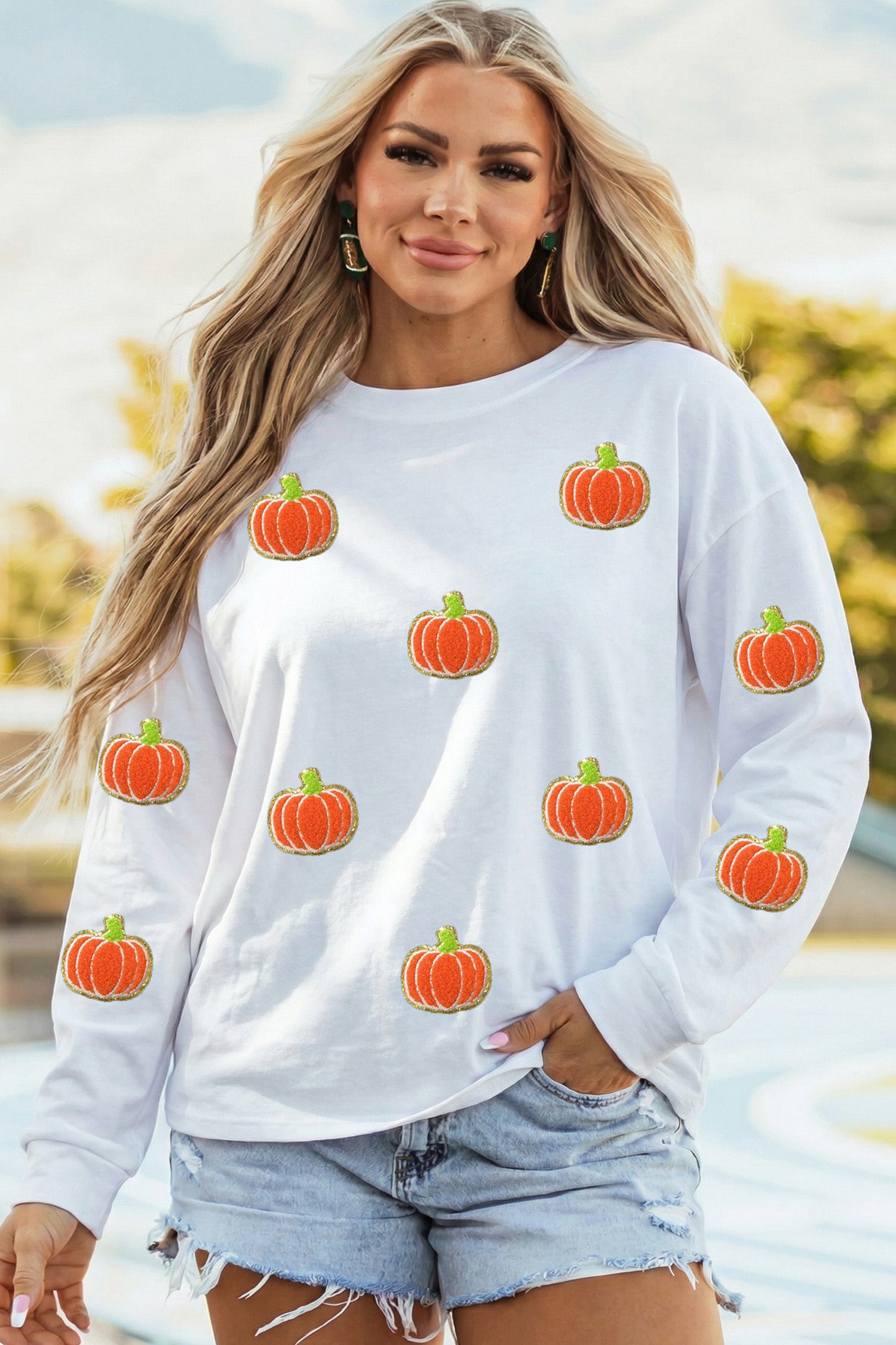 White Glitter Chenille Pumpkin Patch Graphic Long Sleeve Top - Aaria Tees Aaria Tees