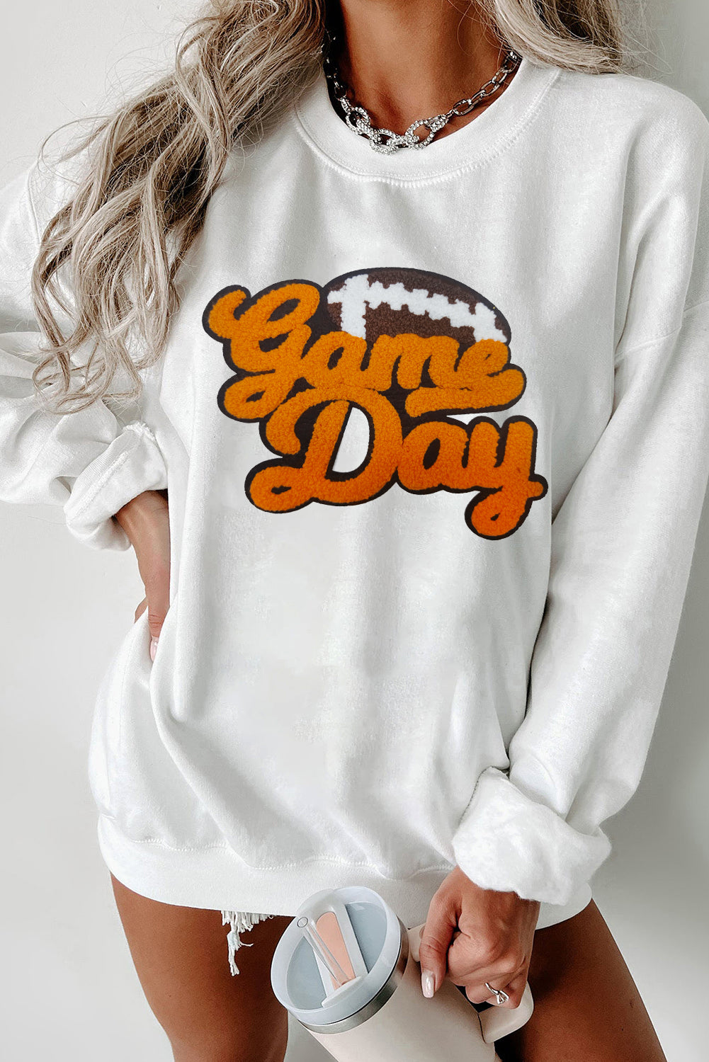 White Chenille Game Day Rugby Football Pattern Pullover Sweatshirt - Aaria Tees Aaria Tees