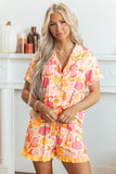 Pink Short Sleeve Pumpkin Print Pocket Placket Shell Button Lounge Set - Aaria Tees Aaria Tees