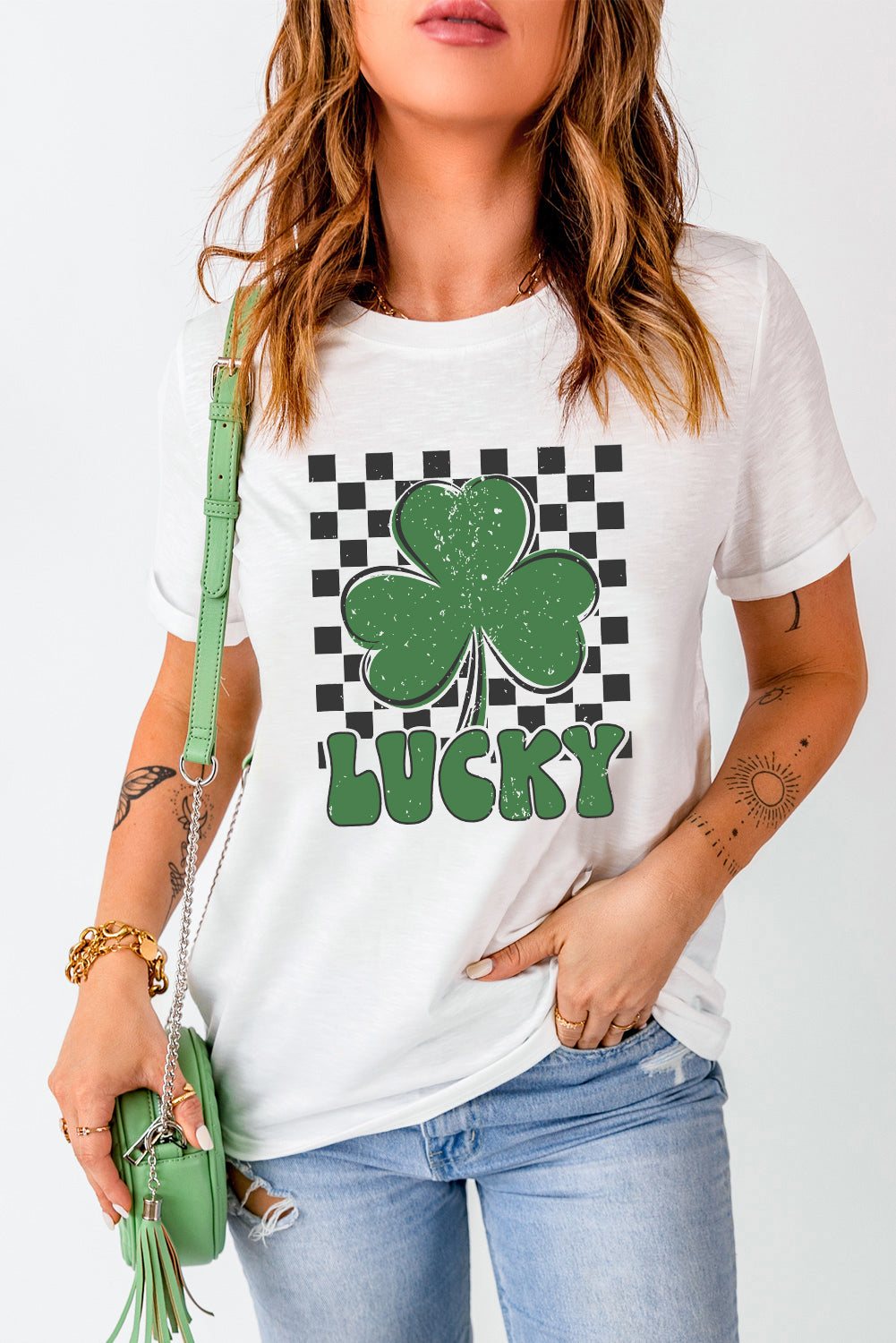 White Checker LUCKY Clover Printed St Patricks T Shirt - Aaria Tees Aaria Tees