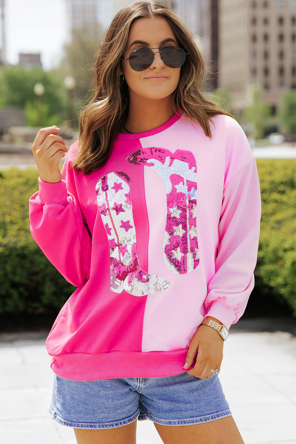Pink Color Block Sequined Cowgirl Boots Graphic Sweatshirt - Aaria Tees Aaria Tees