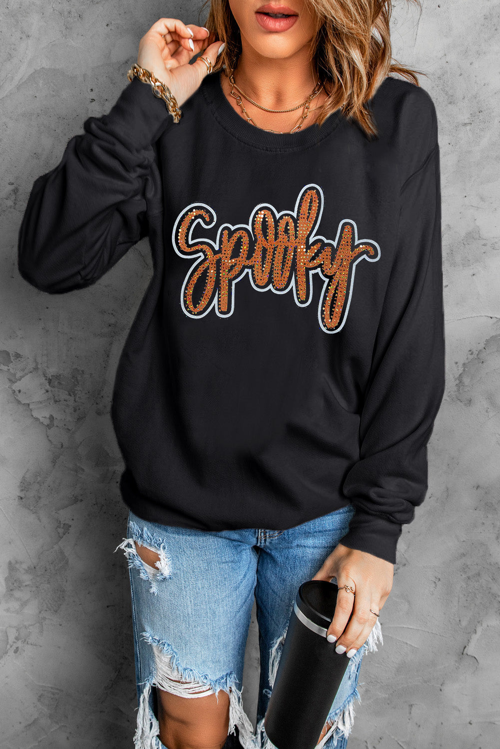 Black Spooky Rhinestone Drop Shoulder Graphic Sweatshirt - Aaria Tees Aaria Tees