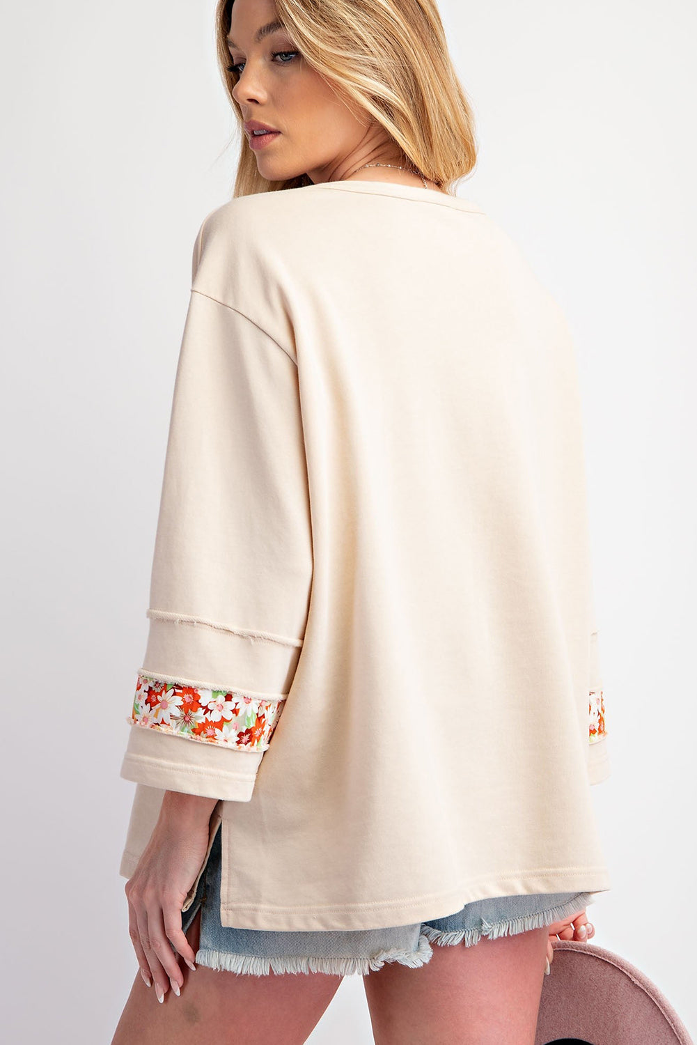 Beige Flower Patch Graphic Exposed Seam Wide Sleeve Top - Aaria Tees Aaria Tees