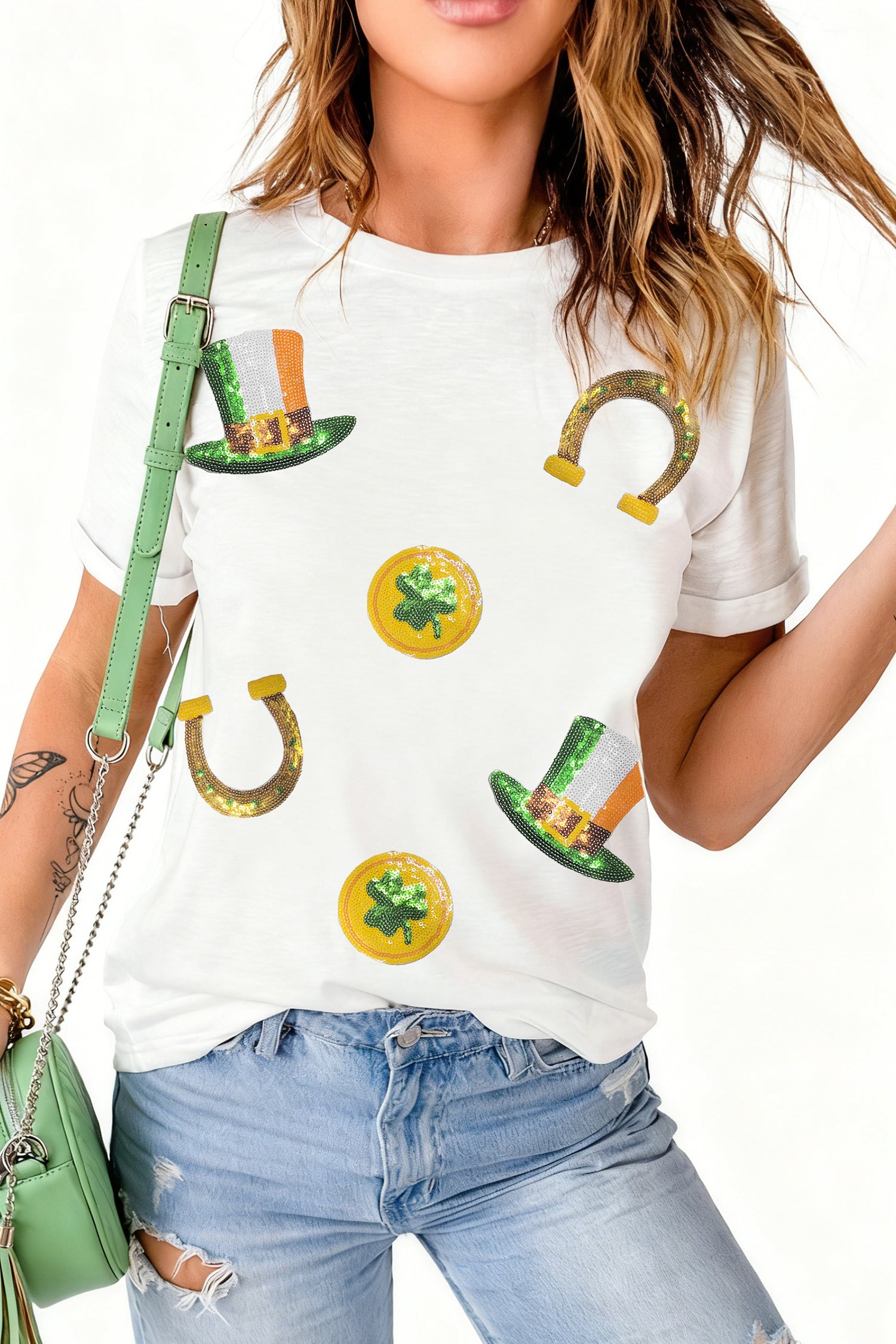 White St Patricks Day Sequin Graphic Casual T Shirt - Aaria Tees Aaria Tees