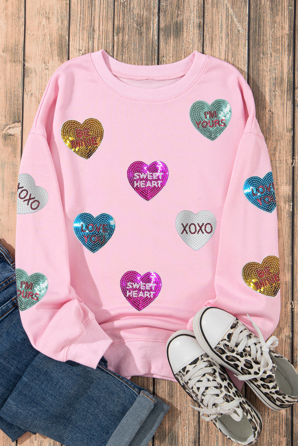 Pink Sequin Romantic Letters Heart Graphic Valentines Sweatshirt - Aaria Tees Aaria Tees