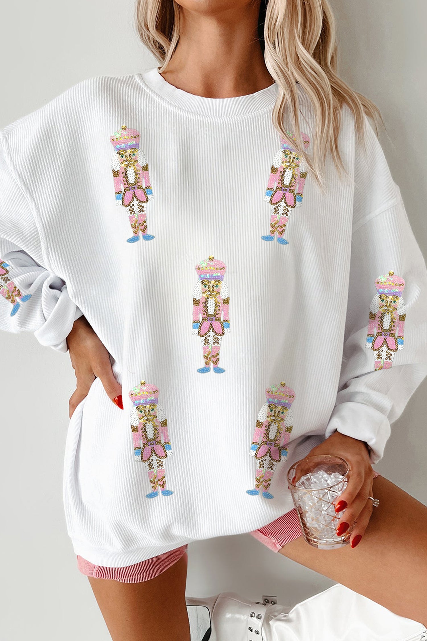 White Corded Rib Sequin Patched Nutcracker Graphic Drop Shoulder Sweatshirt - Aaria Tees Aaria Tees
