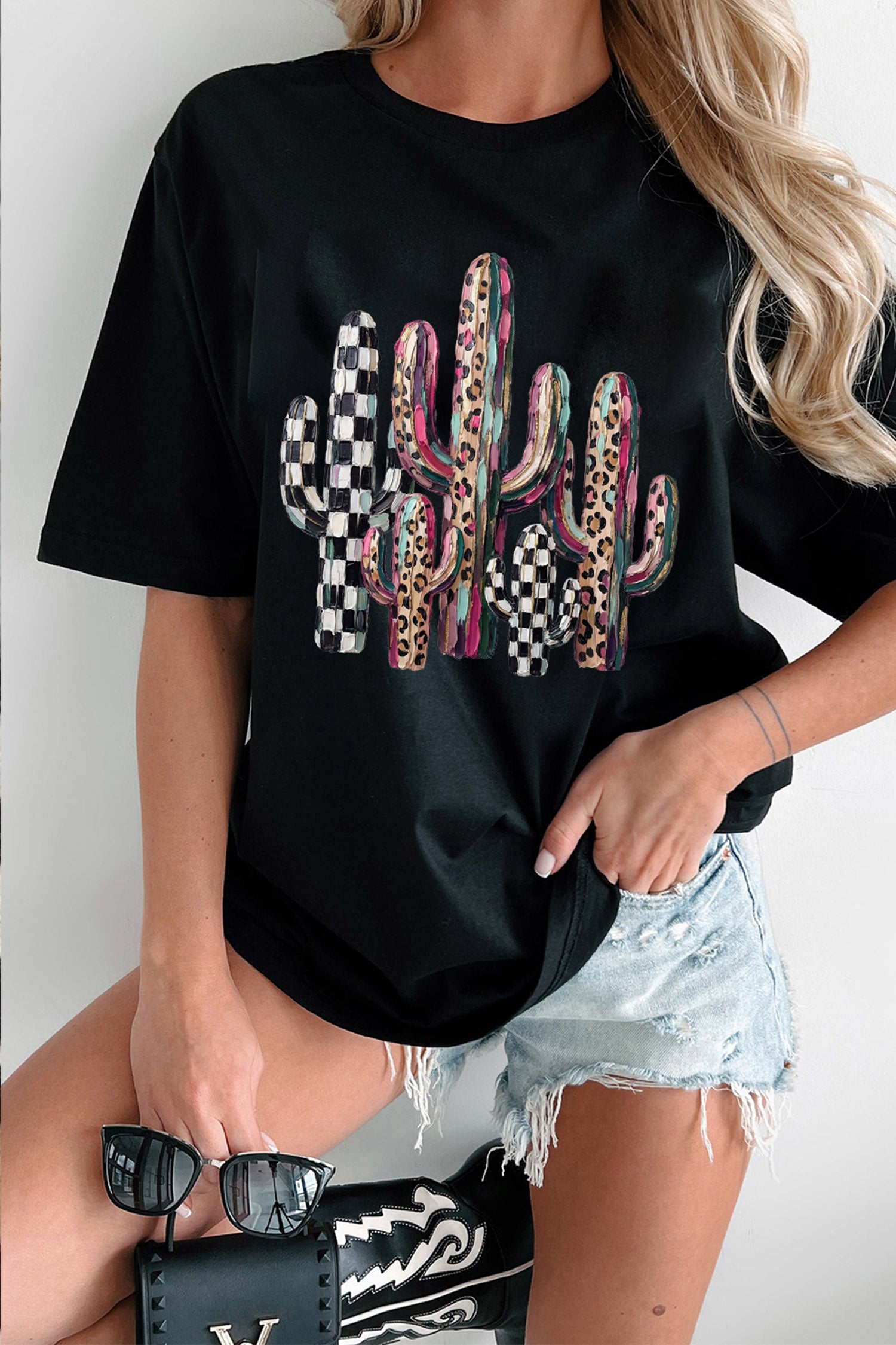 Black Mixed Pattern Cactus Graphic Print Relaxed T-Shirt - Aaria Tees Aaria Tees