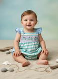 Seaside crab stripe smocked bubble romper with a ruffle back - Aaria Tees Aaria Tees