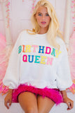 White BIRTHDAY QUEEN Graphic Balloon Sleeve Sweatshirt - Aaria Tees Aaria Tees