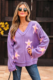 Lavendula Brushed Star Graphic V Neck Drop Shoulder Oversize Sweater Aaria Tees