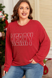 Fiery Red Twist Ribbed MERRY Letter Graphic Plus Size Pullover Aaria Tees