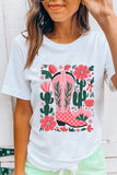 White Western Boots Flower Print Round Neck T Shirt Aaria Tees