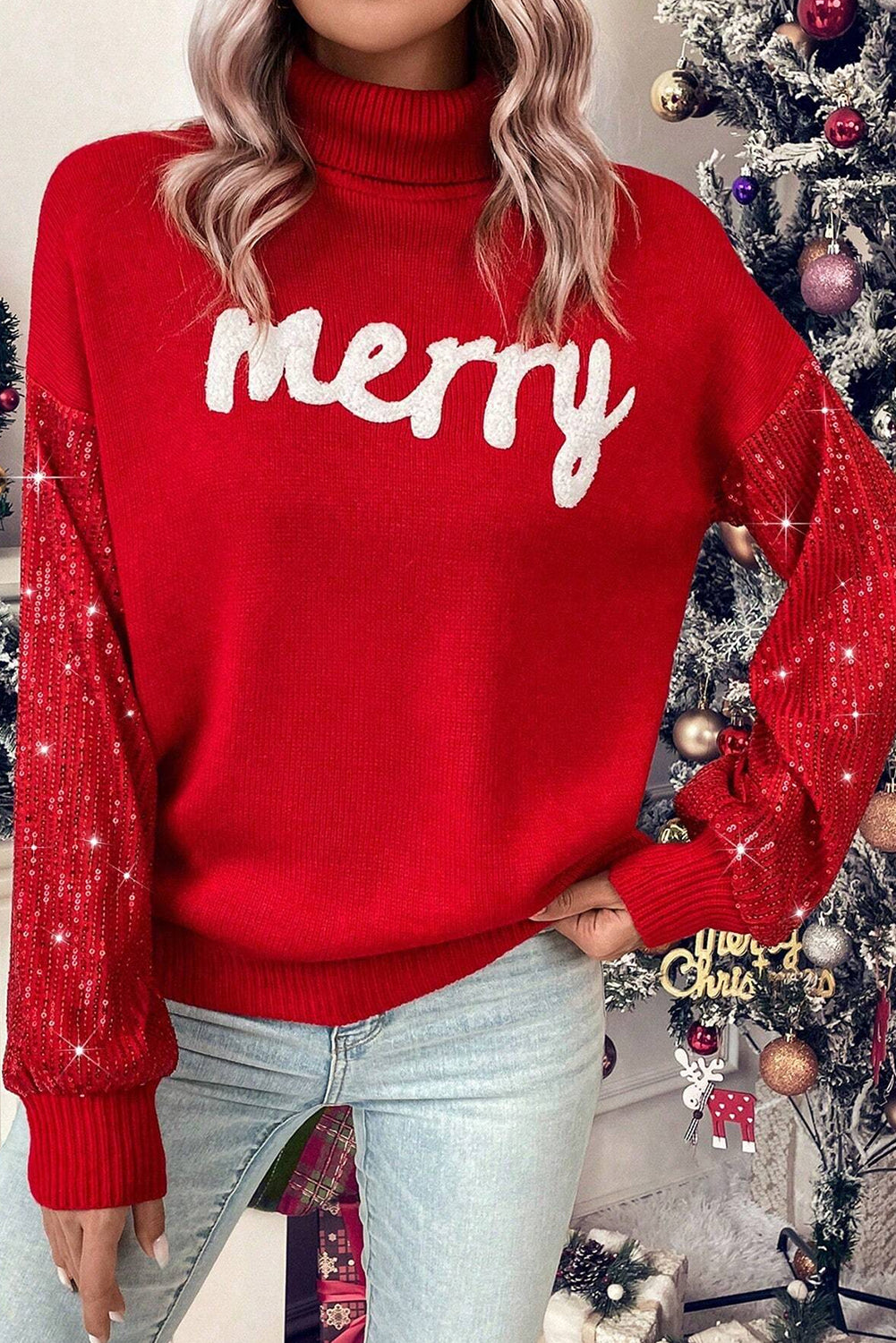 Racing Red Merry Graphic Sequin Sleeves Christmas Turtleneck Sweater - Aaria Tees Aaria Tees