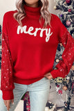 Racing Red Merry Graphic Sequin Sleeves Christmas Turtleneck Sweater - Aaria Tees Aaria Tees