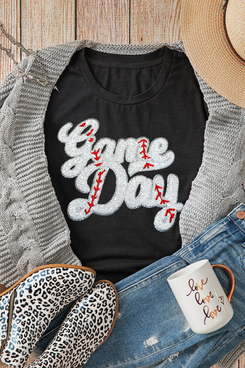 Black Sequin Game Day Graphic Crew Neck Tee - Aaria Tees