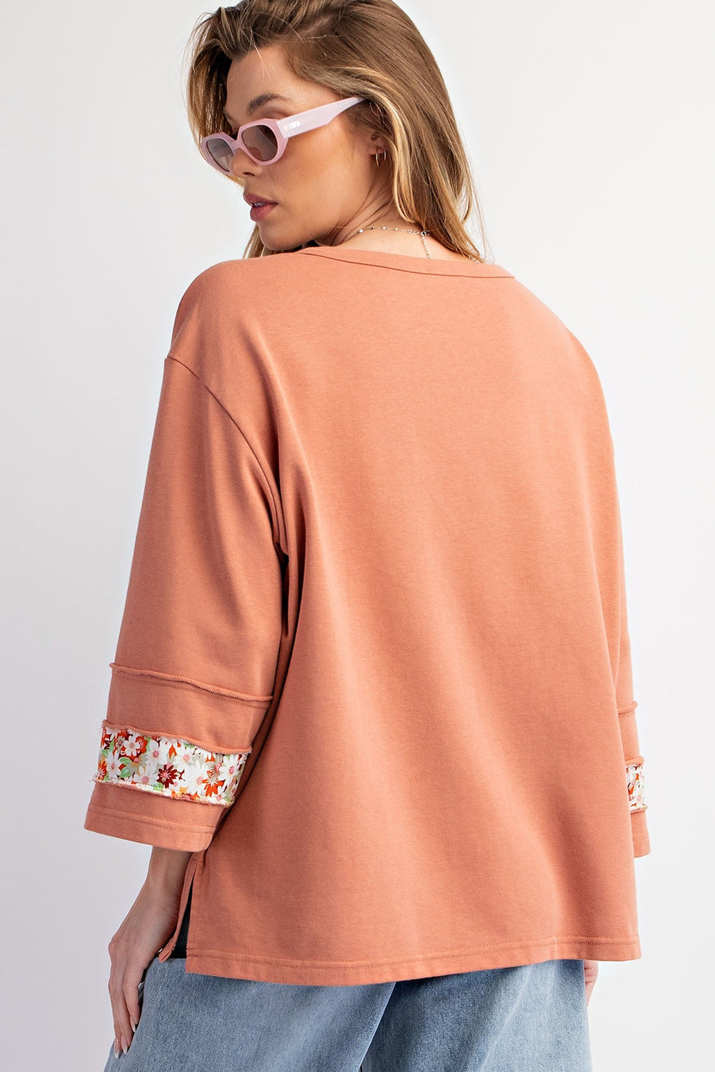 Beige Flower Patch Graphic Exposed Seam Wide Sleeve Top - Aaria Tees Aaria Tees