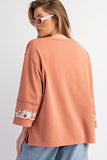 Beige Flower Patch Graphic Exposed Seam Wide Sleeve Top - Aaria Tees Aaria Tees