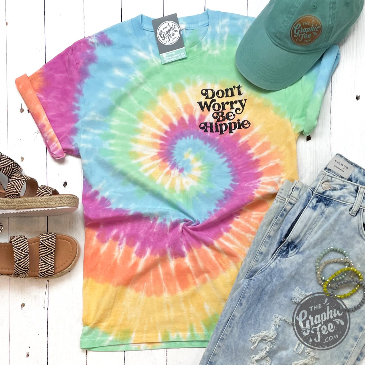 Don't Worry Be Hippie Crew Neck Tie Dye Short Sleeve Graphic Tee - Aaria Tees Aaria Tees