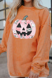 Orange Patchwork Pumpkin Graphic Corded Ribbed Round Neck Tunic Sweatshirt Aaria Tees