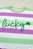 Green Stripe Lucky Clover Embroidered Graphic Dolman Loose Tee - Aaria Tees Aaria Tees