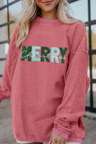 Strawberry Pink MERRY Christmas Chenille Embroidered Corded Sweatshirt Aaria Tees