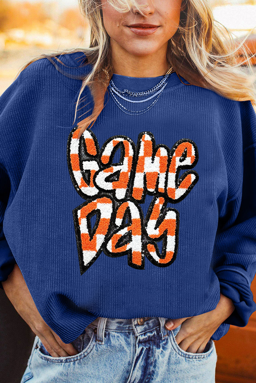 Dark Blue Chenille Checkered Game Day Graphic Drop Shoulder Corded Sweatshirt - Aaria Tees Aaria Tees