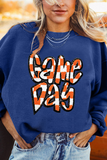 Dark Blue Chenille Checkered Game Day Graphic Drop Shoulder Corded Sweatshirt - Aaria Tees Aaria Tees