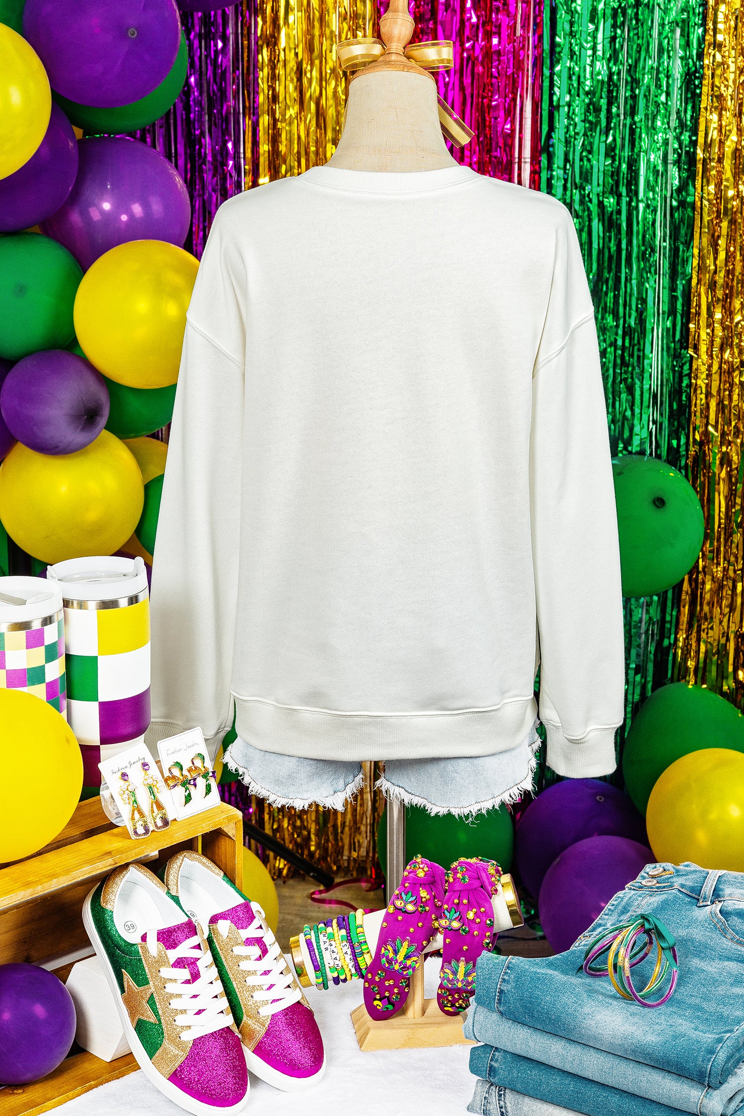 White mardi gras Fleur De Lis Embroidered Graphic Pullover Sweatshirt - Aaria Tees Aaria Tees