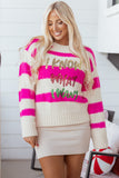 Rose Red I KNOW WAHT I WAT Sequin Letter Graphic Colorblock Loose Sweater Aaria Tees