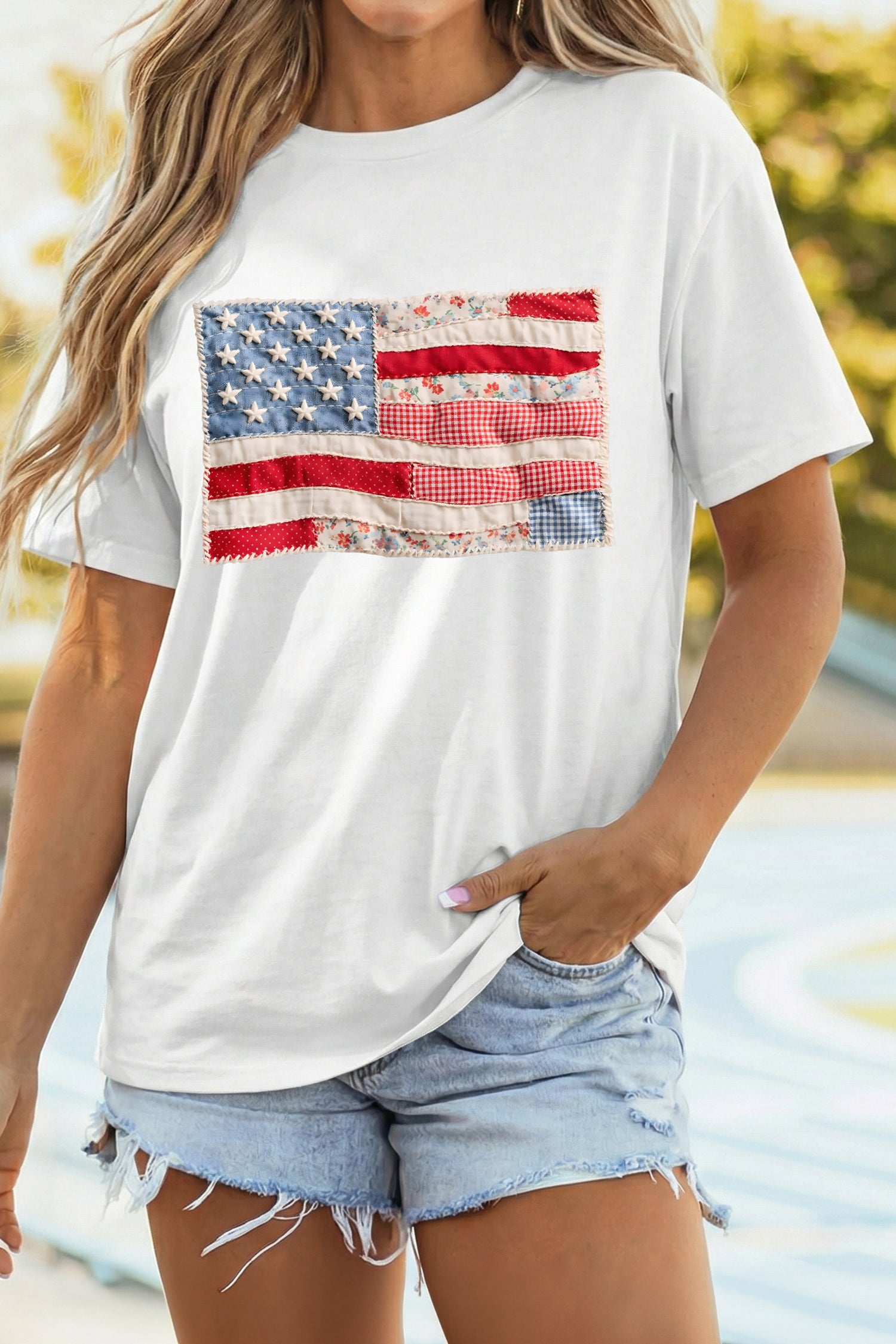 White Faux Patchwork Printed US Flag Casual Tee - Aaria Tees Aaria Tees