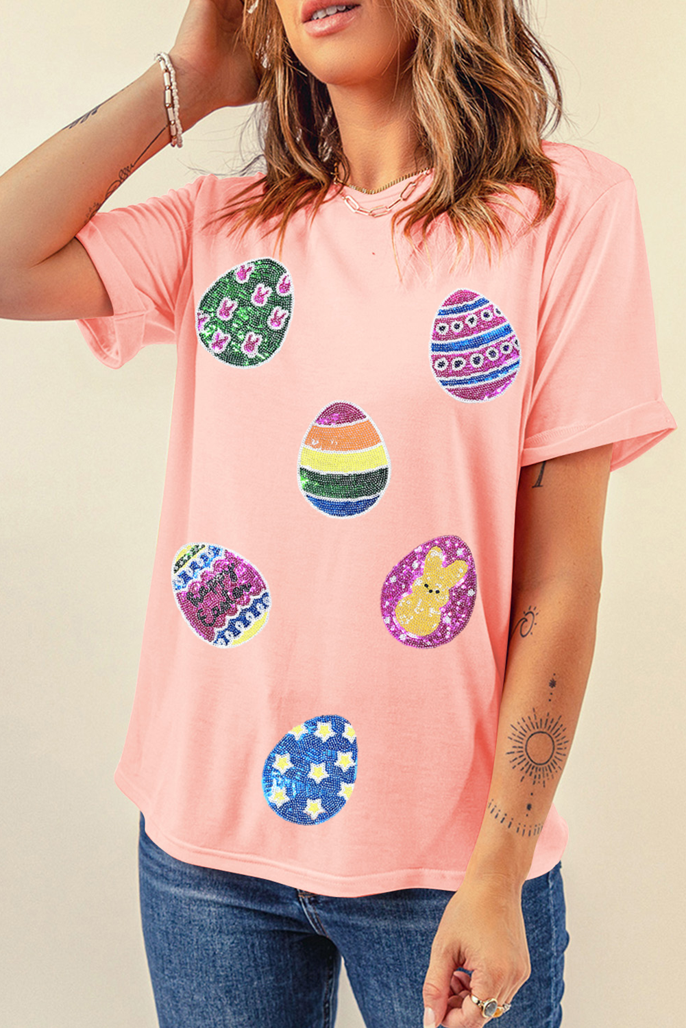 Pink Sequin Easter Eggs Graphic Crewneck T Shirt - Aaria Tees Aaria Tees