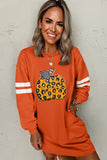 Orange Leopard Print Pumpkin Graphic Varsity Striped Long Sleeve Tunic Dress - Aaria Tees Aaria Tees