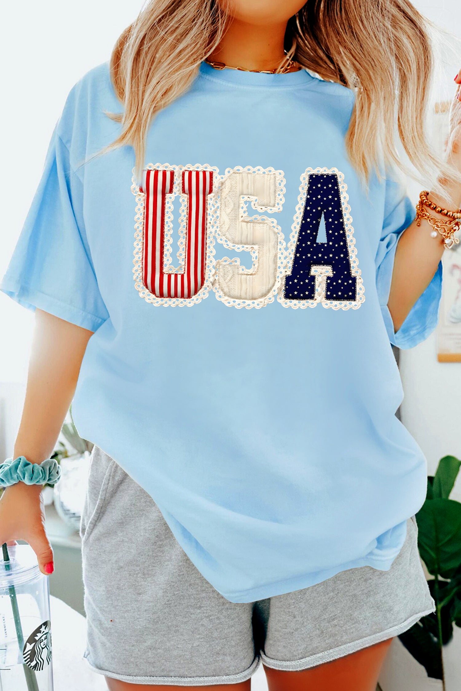 Light Blue USA Patriotic Printed T Shirt - Aaria Tees Aaria Tees